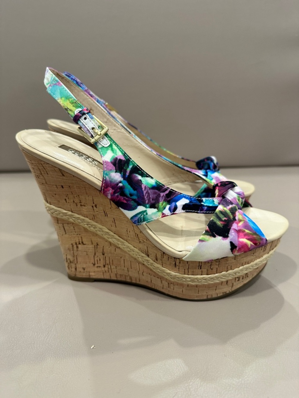 Floral Print Cork Wedge Sandals - Multicolor